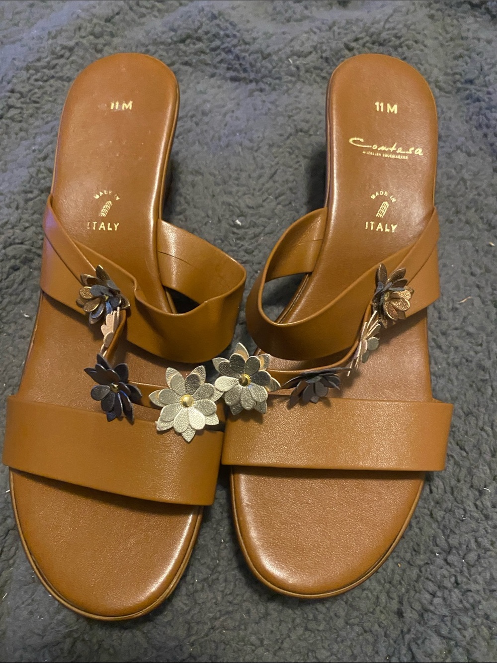 Contesa Italian Shoemake Brown Faux Leather Floral Slide Sandals